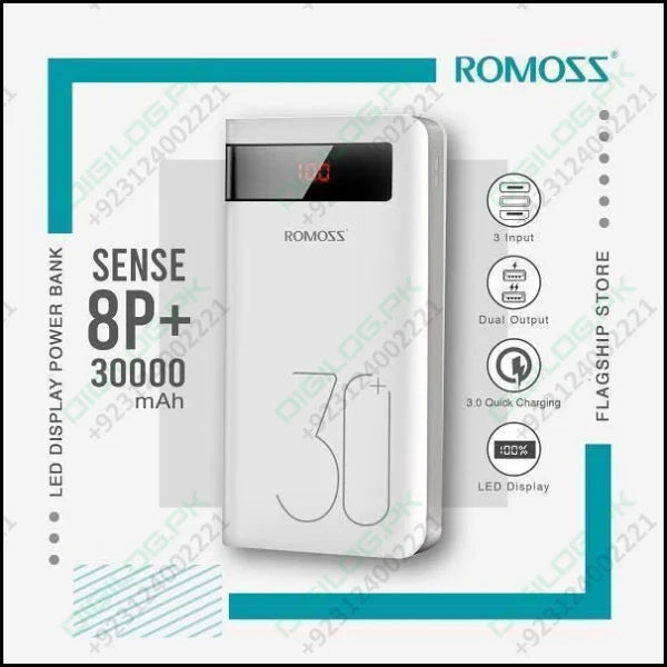 Romoss 30000mah 18w Type c Pd 3 Outputs 3 Inputs Fast Charging Portable Charger Battery Pack Sense 8p+ Plus